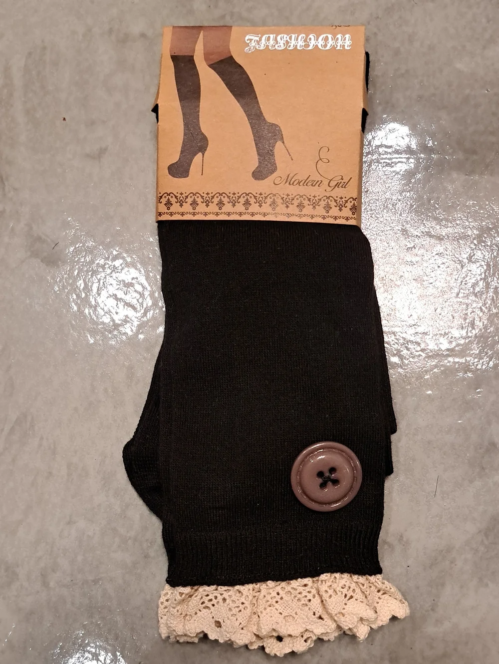 Nwt 2 Pairs Of Black W/Creme Crochet Trimmed High Socks. 1 Pr W/large Buttons